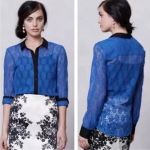 Anthropologie Cobalt Blue Lace Button-Down with Black Trim